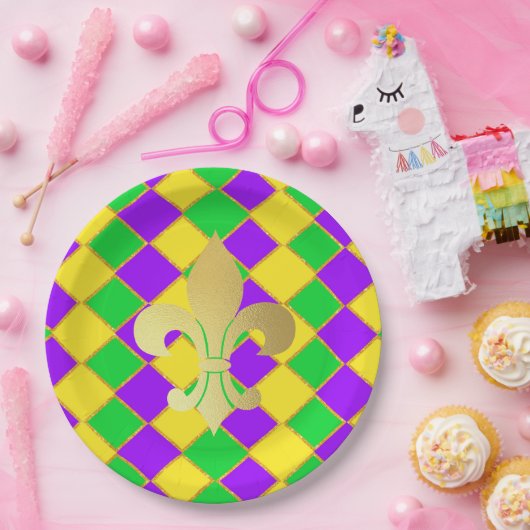 Assiettes En Carton Gold Green Mardi Gras Harlequin Motif (Fête)