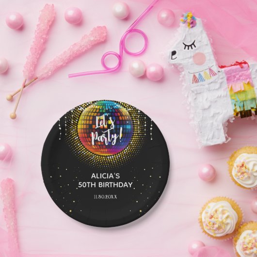 Assiettes En Carton Gold Halftone Disco Ball Faisons la fête Anniversa (Fête)