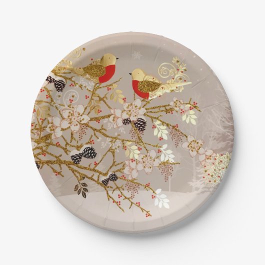 Assiettes En Carton Gold hiver Oiseaux de neige Pays Noël (Devant)