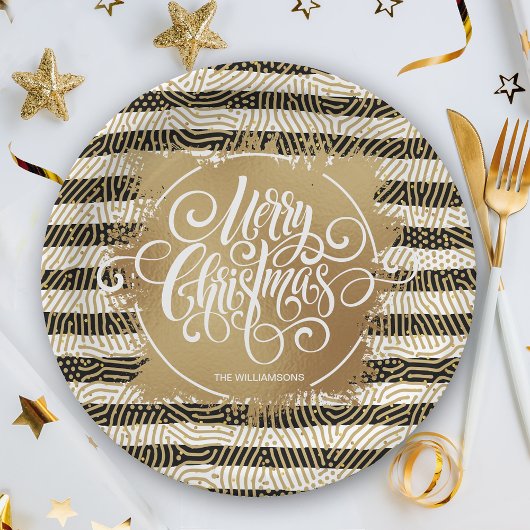 Assiettes En Carton Gold Joyeux Noël noir blanc rayures