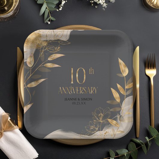 Assiettes En Carton Gold Leaf Floral 10th Anniversary ID1169