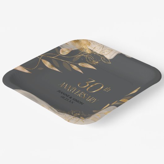 Assiettes En Carton Gold Leaf Floral 30th Anniversary ID1169 (Angulaire)