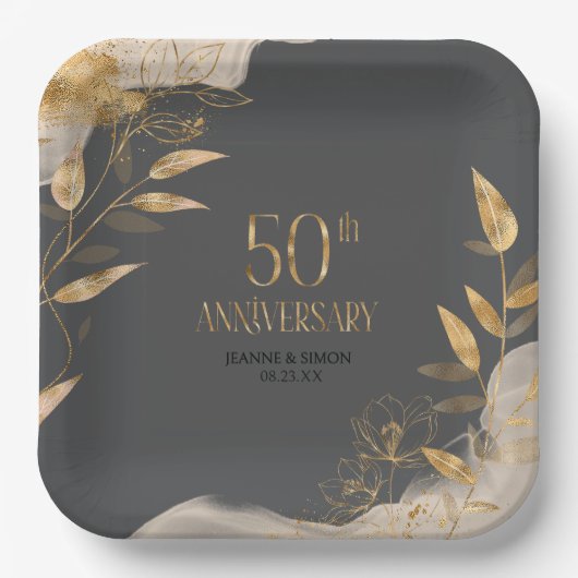 Assiettes En Carton Gold Leaf Floral 50th Anniversary ID1169 (Recto)