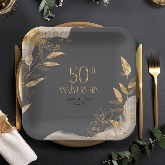 Assiettes En Carton Gold Leaf Floral 50th Anniversary ID1169