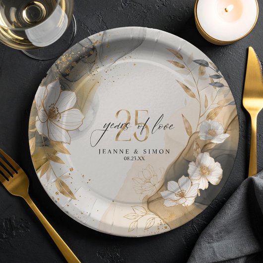 Assiettes En Carton Gold Line Floral 25th Anniversary ID1169