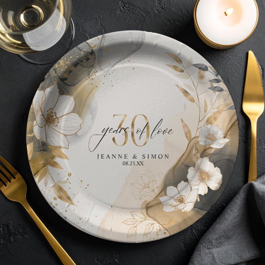 Assiettes En Carton Gold Line Floral 30th Anniversary ID1169