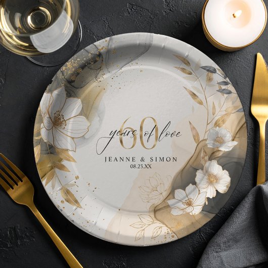Assiettes En Carton Gold Line Floral 60th Anniversary ID1169