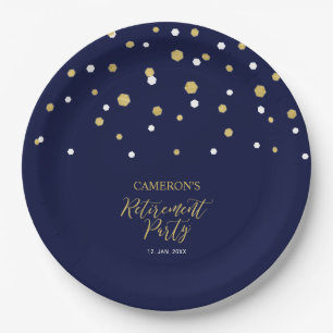 Assiettes En Carton Gold & Navy Blue Chic Confetti Retraite Party