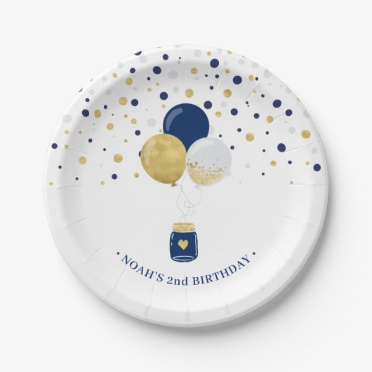 Assiettes En Carton Gold & Navy Blue Confetti Ballons 1er Anniversaire (Devant)