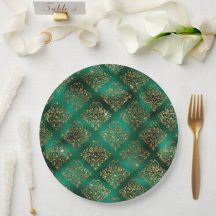 Assiettes En Carton Gold Noël Vacances Metallic Damask Élégant