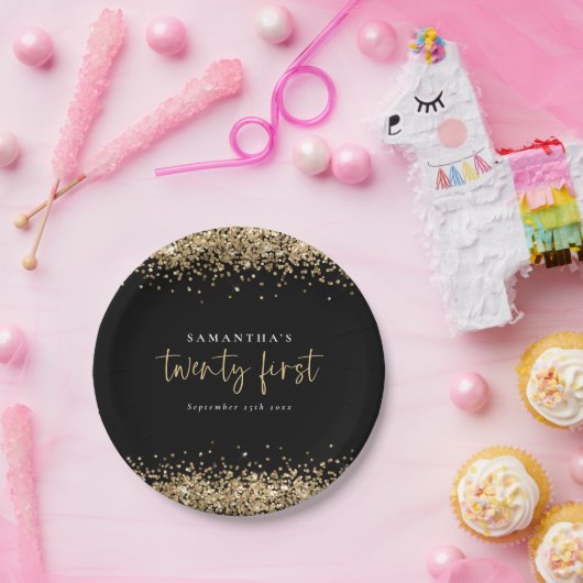 Assiettes En Carton Gold Parties scintillant Nom noir Date Vingt Premi (Fête)