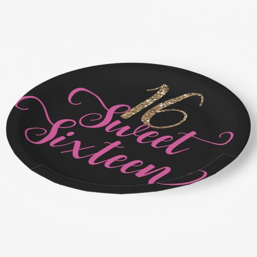 Assiettes En Carton Gold Parties scintillant Rose Black Sweet 16 Anniv (Angle)