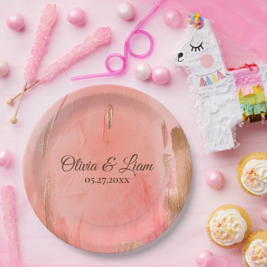 Assiettes En Carton Gold Peach Nom Brown Mariage élégant (Fête)