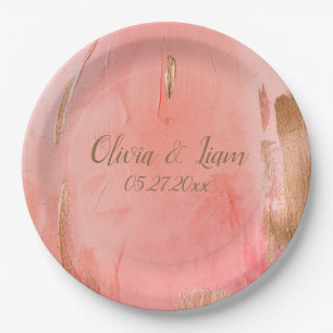 Assiettes En Carton Gold Peach Nom Date Mariage élégant