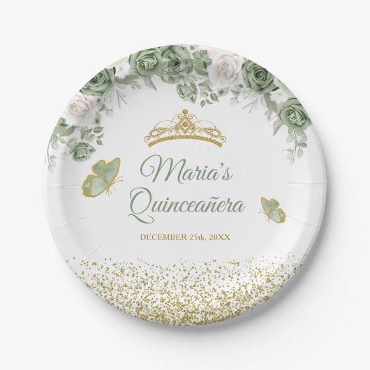Assiettes En Carton Gold Quinceañera Sage Green Crown Butterfly (Devant)