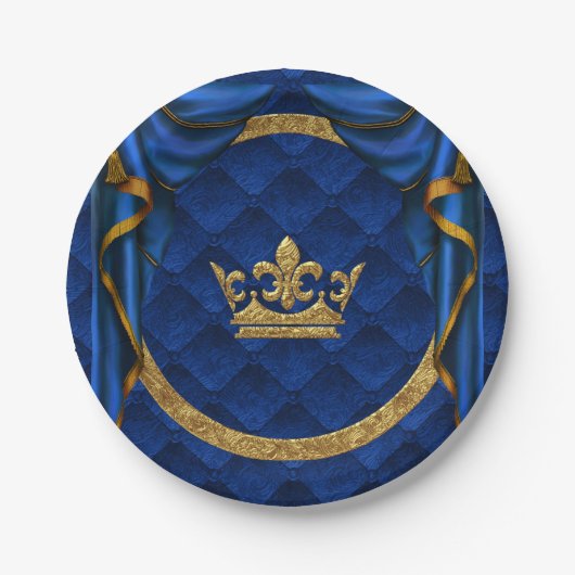 Assiettes En Carton Gold & Royal Blue Crown & Draps Anniversaire (Devant)