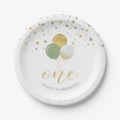Assiettes En Carton Gold & Sage Confetti Ballons 1er anniversaire (Devant)