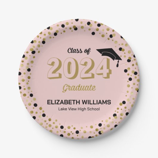Assiettes En Carton Gold Script Confetti Graduation Party Pink Pap (Devant)