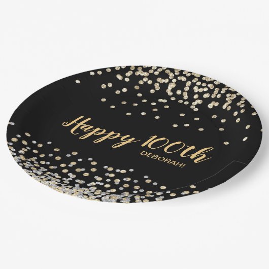 Assiettes En Carton Gold Silver Confetti 100e fête d'anniversaire (Angle)