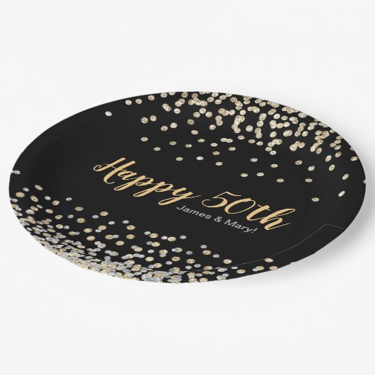 Assiettes En Carton Gold Silver Confetti Personnalisé 50e anniversaire (Angle)