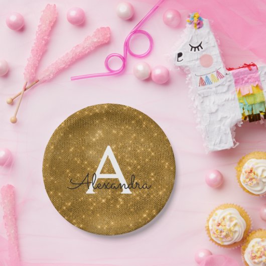 Assiettes En Carton Gold Sparkor & Shimmer Monogramme Anniversaire (Fête)