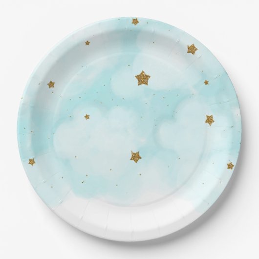 Assiettes En Carton Gold Stars & Blue Sky Clouds Baby shower Party (Devant)