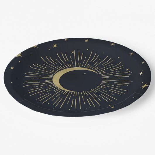 Assiettes En Carton Gold Stars Night Celestial Sunburst Moon Mariage (Angle)