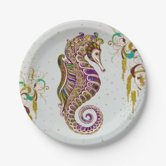 Assiettes En Carton Gold Summer Rainbow Seahorse Parties scintillant (Devant)