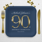 Assiettes En Carton Gold Text Elegant Custom Navy Bleu 90e anniversair