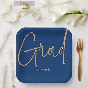 Assiettes En Carton Gold Text Grad Nom Graduation Bleu