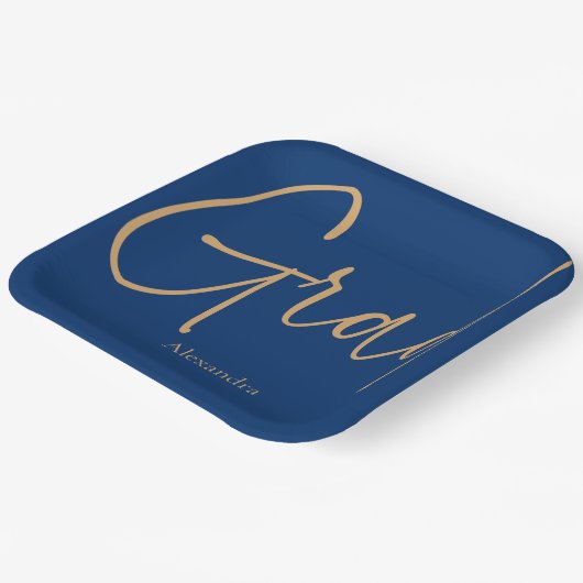 Assiettes En Carton Gold Text Grad Nom Graduation Bleu (Angulaire)