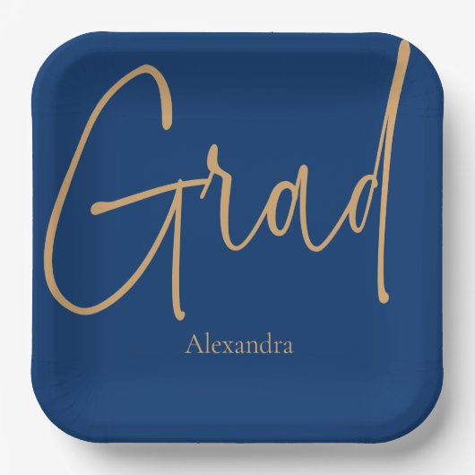 Assiettes En Carton Gold Text Grad Nom Graduation Bleu (Recto)