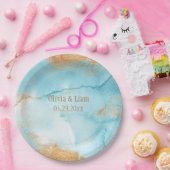 Assiettes En Carton Gold Turquoise Nom Abstrait Mariage moderne (Fête)