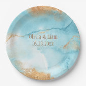 Assiettes En Carton Gold Turquoise Nom Abstrait Mariage moderne (Devant)