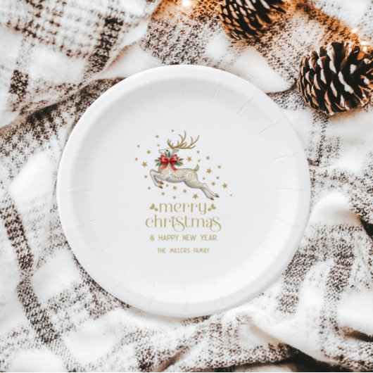 Assiettes En Carton Gold White Christmas Reindeer