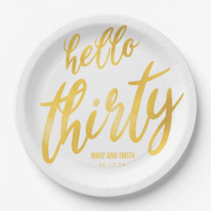 Assiettes En Carton Gold White "Hello Thirty" Birthday avec nom
