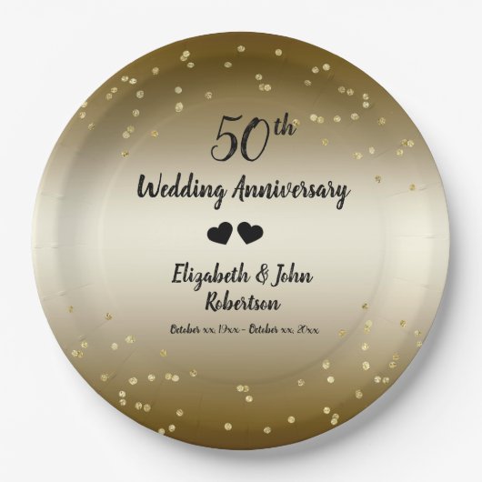 Assiettes En Carton Golden 50e anniversaire Mariage Confetti Elégant (Devant)