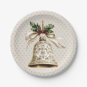 Assiettes En Carton Golden Christmas Bell Shiny Stars Green Feuilles