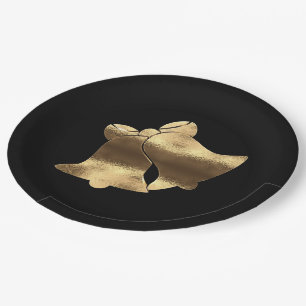 Assiettes En Carton Golden Christmas Bells Black Gold Festive Élégant