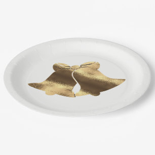 Assiettes En Carton Golden Christmas Bells White Gold Festive Élégant