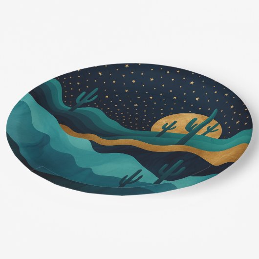 Assiettes En Carton Golden Desert Nightscape - Cactus Art Abstrait (Angle)
