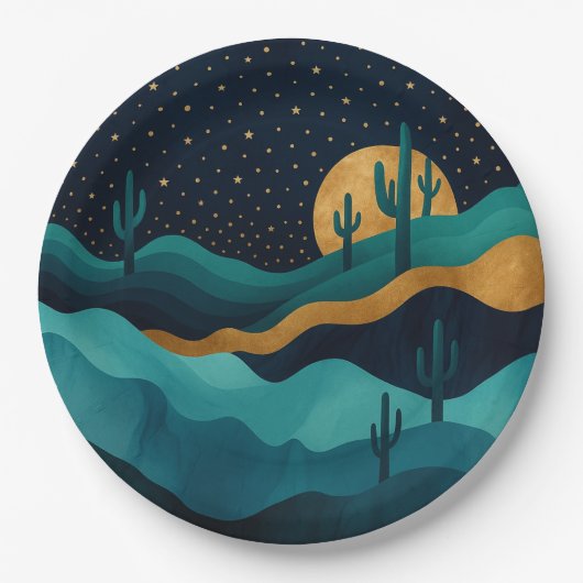 Assiettes En Carton Golden Desert Nightscape - Cactus Art Abstrait (Devant)
