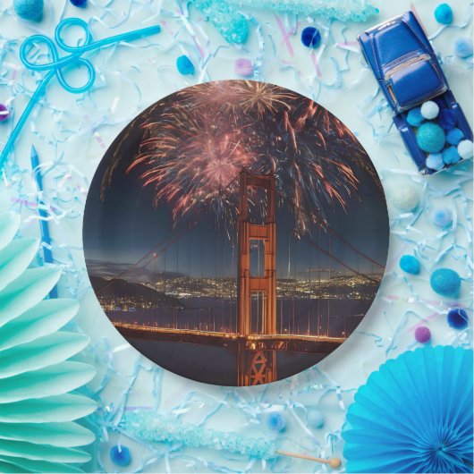 Assiettes En Carton Golden Gate Bridge Feu d'artifice de l'indépendanc (Fête)