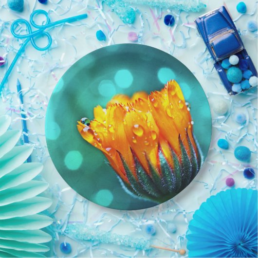 Assiettes En Carton Golden Marigold sur Turquoise Bokeh (Fête)