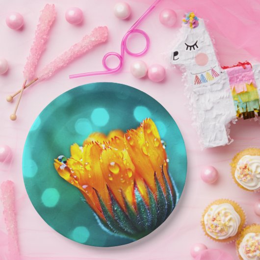 Assiettes En Carton Golden Marigold sur Turquoise Bokeh (Fête)