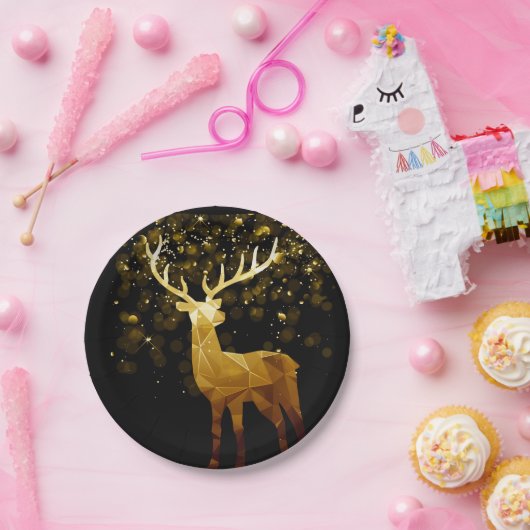 Assiettes En Carton Golden Polygon Cerf géométrique (Fête)