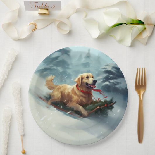 Assiettes En Carton Golden Retriers Noël neige hiver (Mariage)