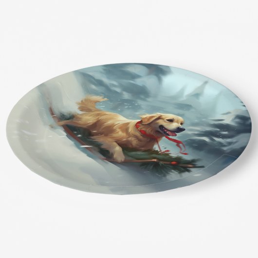 Assiettes En Carton Golden Retriers Noël neige hiver (Angle)