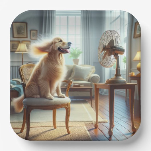 Assiettes En Carton Golden Retriever assis devant le ventilateur (Recto)