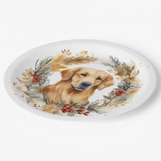 Assiettes En Carton Golden Retriever Christmas Wreath Festive Pup (Angle)